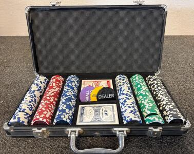 Poker Full Set Including An Aluminum Case, Poker Chips, Playing Cards, And Dealer Buttons