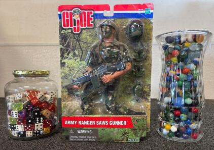 Gi Joe Army Ranger Saws Gunner New In Package, Glass Vase Filled With Vintage Marbles, And Jar Of Various Dice