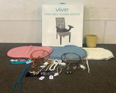 (12) Dinner Place Mats, Jewelry, And (1) Vive Portable Stand Assist