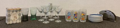 (6) Collectible Disney World Glasses, (6) Martini Glasses, (2) Coca-Cola Glasses And More