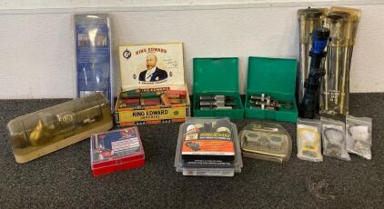 RCBS Reloading Dies, Firearm Cleaning Kits, Box Of Assorted Shotgun Shells, (3) Padlocks, Lee Pacesetter Die Set, Vintage OHAUS 10-10 Precision Reloading Scale, 4x32 Centerpoint Air Gun Scope, Vintage Rifle Cleaning Rods