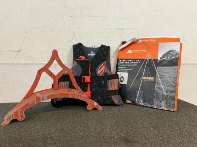 Stearns Adult L/XL Life Jacket, Ozark Trail Tripod Grill And Lantern Hanger And Mounted Hose Rack, Philips Manavox CD Radio Cassette Recorder (Unable To Test), Coby Cassette Radio Recoder (Unable To Test)
