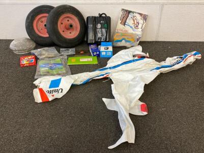 (2) Tires, Light Fixture, Slime Smart Spair Flat Tire Repair Kit, My Pillow Case, Printer Ink Cartridge, Goggles, Curtain Hooks, Blow Up Airplane And More