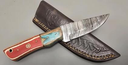 Damascus Steel Custom Hunting Knife W/ Leather Sheath *New*