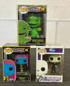 (3) Nightmare Before Christmas Funko Pops Including Sally, Jack Skellington, And Oogie Boogie