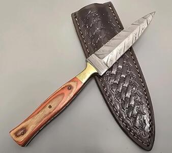 Damascus Steel Custom Boot Knife W/ Leather Sheath *New*