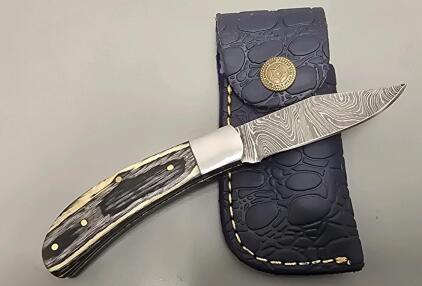 Damascus Steel Custom Folding Pocket Knife W/ Leather Sheather *New*
