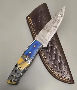 Damascus Steel Custom Hunting Knife W/ Leather Sheath *New*