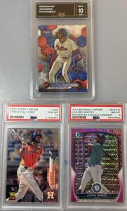 2023 Justin Crawford GMA Graded Baseball Card, 2020 TOPPS PSA Graded Yordan Alvarez Baseball Card, And 2023 PSA Graded Lazaro Montes Baseball Card