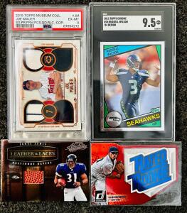 2012 Topps Chrome Russell Wilson Rookie SGC Graded Card 9.5, Topps 2015 Museum Collection Joe Mauer 40/75 PSA 6, and (2) Collector Patch Cards