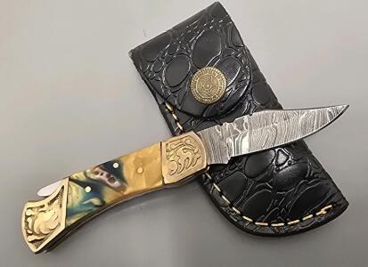 Damascus Steel Locking Pocket Knife W/ Leather Sheath *New*