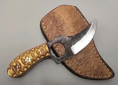 Carbon Steel Custom Skinning Knife With Finger Hold, Includes Leather Sheath *New*