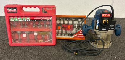 (1) Ryobi Plunge Router (Turns On), (1) Porter Cable Forstner Bit Set, And (1) Hickory Forstner Drill Bit Set