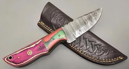 Damascus Steel Custom Hunting Knife W/ Leather Sheath *New*