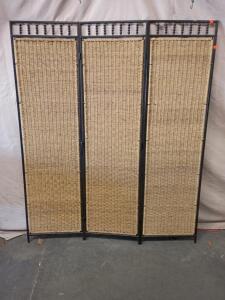 Three-Panel Room Divider With a Dark Metal Frame and Woven Rattan Panels. 65"x53"