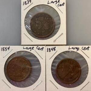 (3) U.S. Copper Braided Hair Large Cent (1839-1854)