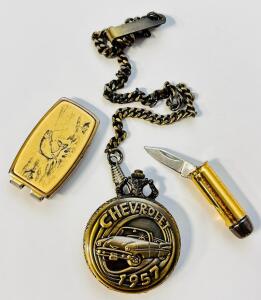 Chevrolet Pocket Watch, .44 Bullet Mini Knife, and Bone Money Clip
