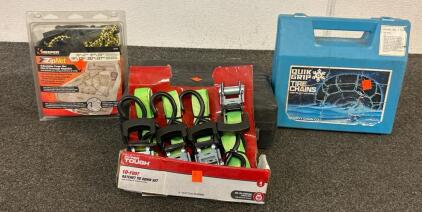 (1) Compressor For Small Tires, (1) Set Of Quick Grip Tire Chains, (1) 4 Pack Of 10-Foot Ratchet Tie Downs, And More
