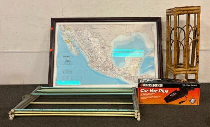 (1) Reprinted Framed Map, (1) Black And Decker Car Vac, (1) Drying Rack, And More