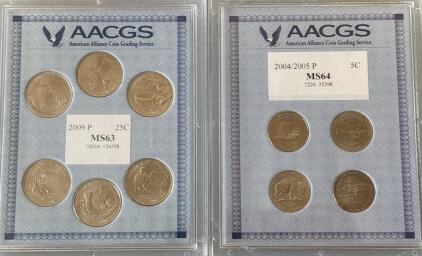 AACGS Graded 2009-P Quarter/Dollars And 2004/2005-P Jefferson Nickels