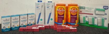 (2) Bottles Of Meta Mucil Fiber Supplement, (2) Quip Electric Toothbrush's, GUM Soft Picks Pack, Retinol Eye Creams and Fish Oil Supplements