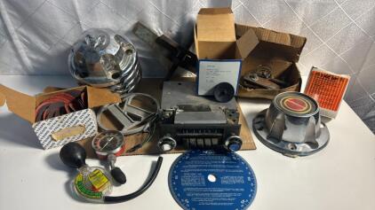 Assorted Automotive Items (1) Vintage Ford Radio (1) MR Gasket CamShaft Timing Wheel (1) Miscellaneous Puller Parts (1) Box Of Dyna Systems Sander Disks & more ..