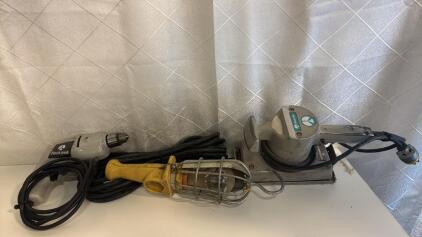 (1) ProTex Long Corded Work Light (1) Rockwell 1/4&rdquo; Corded Drill (1) Rockwell Sander