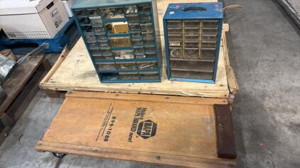 (2) Small Organizer Bins W/Assorted Hardware (1) Wooden Napa Mechanics Creeper