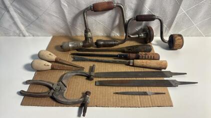 Assorted Lot Of Vintage Tools : (1)Vintage Craftsman Tools Adjustable Hand Drill (1) Vintage Unknown Name Hand Crank Drill , (2) Old Wood Handled Screwdrivers & More