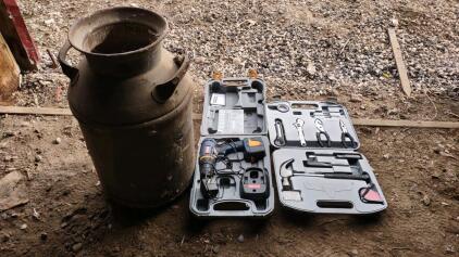 (1) Antique Milk Jug, (1) Ryobi Power Drill Set, & (1) Longhorn Tool Set