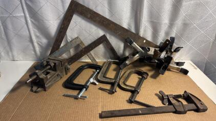 Assorted C-Clamps ,Drill Vise , Squeeze Clamps & Squares