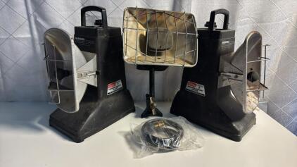 (2) Coleman Focus 5 Propane Heaters (1) Coleman Powermate 17k BTU Propane Heater (1) Leader Hose