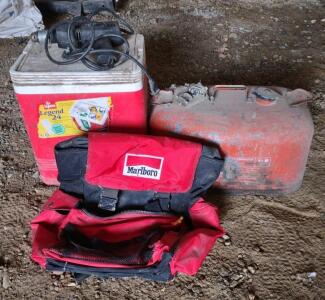 (1) Marlboro Adventure Team 90s Vintage Red Backpack Large Camping Hiking, (1) 13"x 9&frac12;"x 15&frac12;" (Red) Igloo 17.5 U.S. Qt. Cooler, (1) (Red) Boat Gasoline Canister, More