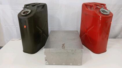 (2) Vintage Jerry Can (1) Stainless Steel Cabinet W/ Keys -12"L x7"W x16"H