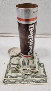 (1) Toostie Roll Piggy Bank Of Assorted Coins (1) 1976 Series American Two Dollar Bill (1) 1963 Series American Two Dollar Bill (1) 2003 Series American Two Dollar Bill (1) 2009 Series American Two Dollar Bill