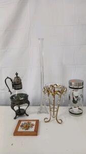 (1) Turkish Glass Coffee Pot W/ Metal Stand (1) 2' Glass Vase (1) Glass Rosster Container & More