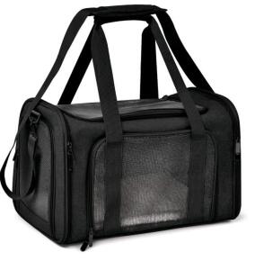 (1) Henkelion Large Soft Sided Pet Carrier For Cats and Puppies up to 25Lbs - Collapsible, Waterproof Travel Carrier - Black, 20"L x 13"W x 13"T