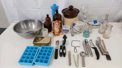 (1) Ceramic Cookie Jar (1) Stainless Micing Bowl (10) Cooking Utensils & More