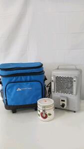 (1) Titan Dual Heat Utility Heater (1) Ozark Trail 2 Tier Cooler W/ Wheels (1) Ceramic Jar