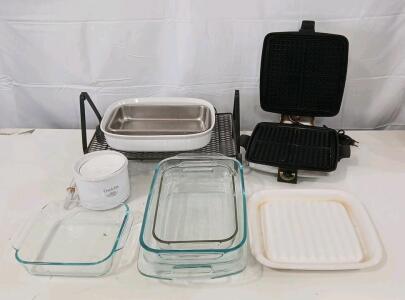 (1) Crock Pot Little Dipper (4) Pyrex Cooking Dishes (1) 4 Waffle Griddle & More