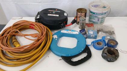 (1) 15' Heavy Duty Extenstion Cord (1) Tuff Grip Steel Fish Tape 200'x 1/8" (1) Coleman Powermate 300 Psi Air Hose Reel & More