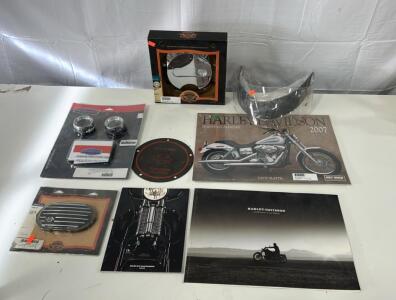 (1) Harley Davidson Aluminator Derby Cover (2) Vintage Harley Davidson Magazine Books (1) Kuryakyn 4835 Panacea T.S. Red Lens Turn Signals & More