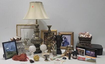 (1) Traditional Lamp (4) Pictures W/Frames (18+) Assortment Of Nick Nacks
