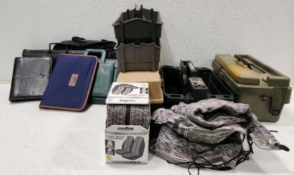 (1) Black Portable Tool Caddy (1) Plano Tackle Box (2) Universal-Fit Car Seat Covers And More