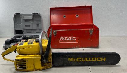 Ryobi Drill,McCulloch Pro Mac 10-10 Chain Saw,Ridgid Tool Box (Please Read Description)
