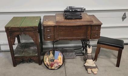 (1) Typewriter (1) Antique Sewing Machine (1) night stand (1)Stool