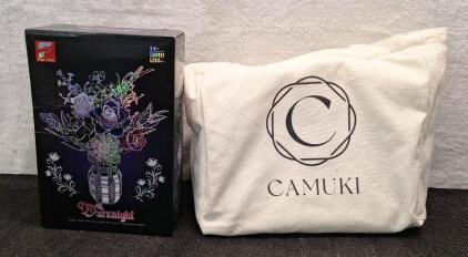 (1) Free Brand Darknight - 1218-Piece Gothic-Themed Bouquet & Vase Building Block Set & (1) Camuki - Grey Chunky Knitted Throw Blanket