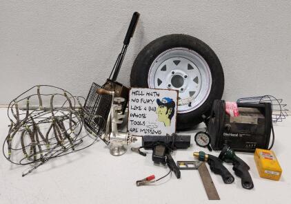 (1) Carlisle 4 Lug Trailer Tire (1) DieHard Portable Power 750 Jump Starter (1) Antique Campfire Popcorn Popper And More