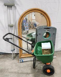 (1) Scotts Turf Builder EdgeGuard Broadcast Spreader (1) Arched 47 1/2" Full-Length Mirror (1) Prime Outdoor Wall Lantern And More