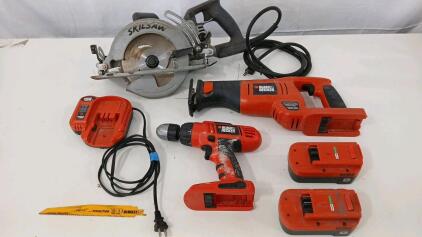 (1) Skilsaw Corded Circular Saw (1) Black & Decker Firestorm Reciprocating Saw (1) Black & Decker Firestorm Cordless Drill W/ 2 Batteries And Charger